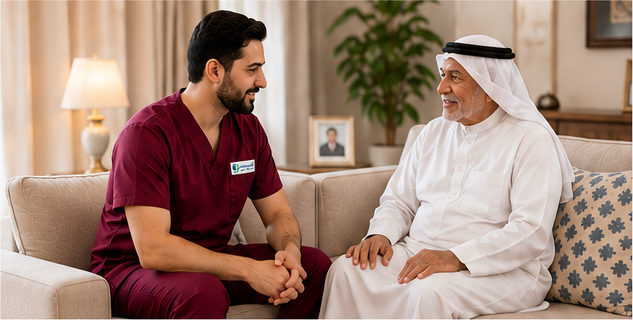 ممرض من العيسى هوم كير يتحدث مع رجل كبير في منزله